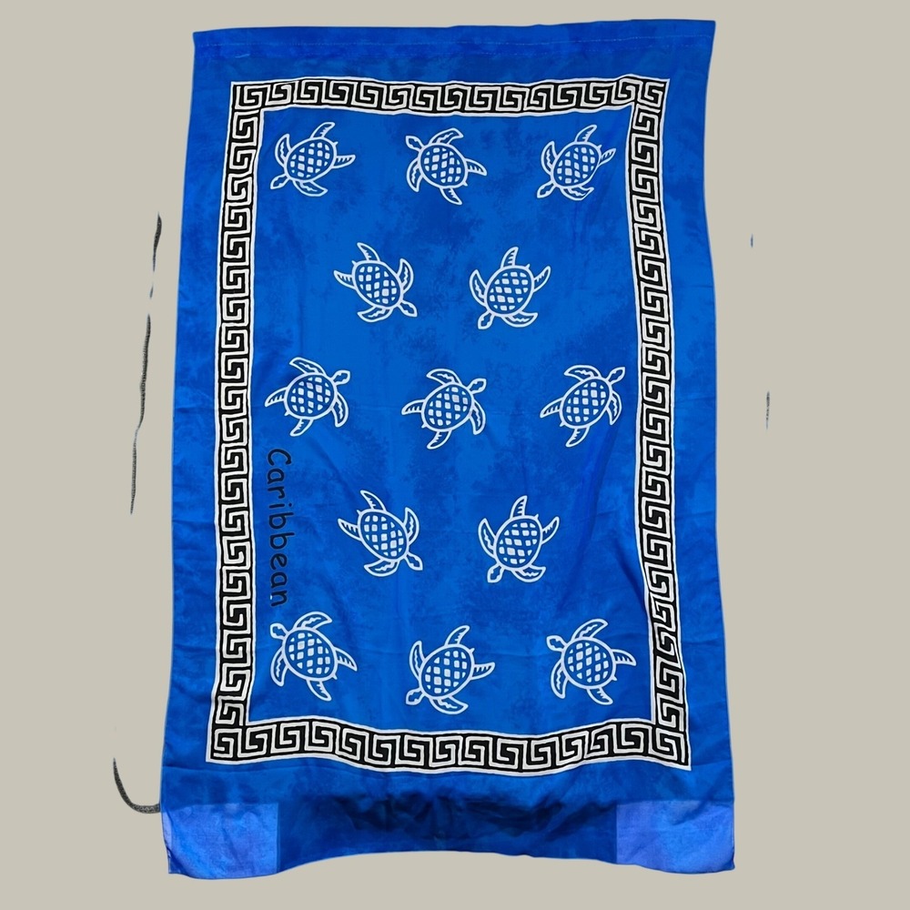 Caribbean Sheer Curtain Blue Sea Turtle Greek Key Coastal Modified Sarong